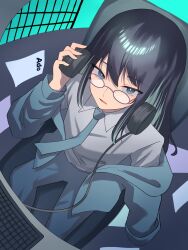Rule 34 | 1girl, absurdres, ado (utaite), bespectacled, black hair, blue eyes, blue hair, blue jacket, blue necktie, chando (ado), character name, cloud nine inc, collared shirt, colored inner hair, commentary, english commentary, glasses, grey shirt, hair between eyes, headphones, highres, jacket, keyboard (computer), long hair, long sleeves, looking at viewer, multicolored hair, necktie, off shoulder, parted lips, shirt, sidelocks, sitting, solo, tsukuno tsuki, two-tone hair, utaite