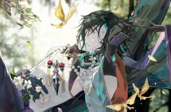 Rule 34 | 1boy, aqua hair, arm tattoo, bead necklace, beads, black hair, blurry, blurry background, branch, bug, butterfly, chinese commentary, day, facial mark, flower, forehead mark, genshin impact, gloves, highres, insect, jewelry, leaf, lying, makeup, male focus, multicolored hair, necklace, on back, outdoors, parted lips, solo, tassel, tattoo, tree, vision (genshin impact), white flower, xiao (genshin impact), yellow eyes, yue (shemika98425261)