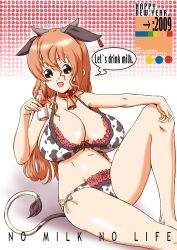 Rule 34 | 00s, 1girl, 2009, aida kan mori, animal ears, animal print, bell, bottle, bra, breasts, chinese zodiac, cleavage, collar, cow ears, cow girl, cow print, horns, huge breasts, lingerie, long hair, milk, neck bell, new year, orange hair, original, sitting, solo, tail, underwear, year of the ox