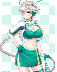 Rule 34 | 1girl, asymmetrical hair, bandeau, blush, braid, braided ponytail, breasts, checkered background, cleavage, commentary request, cosplay, cowboy shot, cypress, gloves, gotland (kancolle), gotland (kancolle) (cosplay), green gloves, green skirt, hair between eyes, hair ornament, half gloves, hand on own hip, headset, holding, holding umbrella, jitome, kantai collection, large breasts, long hair, looking at viewer, low ponytail, midriff, navel, race queen, short sleeves, shrug (clothing), side slit, sidelocks, silver hair, single braid, skindentation, skirt, smile, solo, standing, thigh strap, twitter username, umbrella, unryuu (kancolle), very long hair, wavy hair, yellow eyes