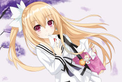 Rule 34 | 1girl, bingqianlan ka, blonde hair, blush, covering own mouth, date a live, earrings, hair ribbon, heart, highres, holding, holding letter, jewelry, letter, long hair, love letter, mayuri (date a live), pink eyes, pleated skirt, purple eyes, ribbon, shirt, side ponytail, skirt, smile, solo, very long hair, white ribbon, white shirt, white skirt