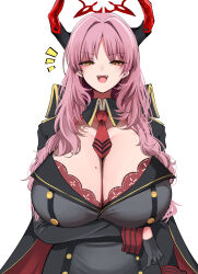 Rule 34 | 10eki (tenchou), 1girl, absurdres, arm under breasts, between breasts, black jacket, blue archive, bra, breasts, brown eyes, cleavage, gloves, half gloves, halo, highres, horns, huge breasts, jacket, long hair, looking at viewer, messy hair, mole, mole on breast, necktie, necktie between breasts, open clothes, open jacket, open mouth, pink hair, red bra, red necktie, satsuki (blue archive), simple background, solo, straight-on, sweatdrop, underwear, white background