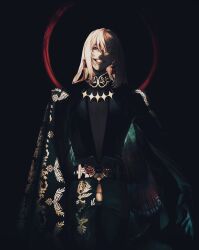 Rule 34 | 1boy, alternate costume, bakushi (kaeritai0609), black background, black coat, blue eyes, coat, coat on shoulders, cowboy shot, earrings, fate/grand order, fate (series), floral print, highres, jewelry, long hair, long sleeves, looking at viewer, male focus, necklace, oberon (fate), simple background, smile, solo