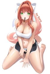Rule 34 | 1girl, absurdres, artist name, bare arms, bare shoulders, barefoot, black shorts, bra, breasts, cleavage, clothes pull, collarbone, doki doki literature club, dolphin shorts, feet, food, food in mouth, from above, green eyes, hair intakes, hair ribbon, highres, large breasts, long hair, looking at viewer, monika (doki doki literature club), navel, orange hair, panties, panties under shorts, pocky, pocky in mouth, ponytail, ribbon, short shorts, shorts, shorts pull, sidelocks, simple background, sitting, solo, sora (men0105), sports bra, strap slip, swept bangs, underwear, very long hair, wariza, white background, white bra, white panties