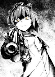 Rule 34 | 1girl, chaigidhiell, closed mouth, commentary, dress, fingernails, from below, greyscale, gun, handgun, headgear, headset, highres, holding, holding gun, holding weapon, kantai collection, looking at viewer, looking down, monochrome, neckerchief, revolver, sailor collar, sailor dress, school uniform, serafuku, shaded face, short hair, solo, speaking tube headset, spot color, upper body, weapon, yukikaze (kancolle)
