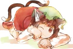 Rule 34 | 1girl, :t, animal ears, brown hair, chen, earrings, female focus, green hat, hat, jewelry, monosenbei, multiple tails, one-eyed, paw pose, single earring, solo, tail, touhou