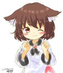 Rule 34 | 1girl, ;), aged down, alternate hair length, alternate hairstyle, animal ear fluff, animal ears, brown hair, commentary request, dress, ears down, highres, imaizumi kagerou, long sleeves, looking at viewer, one-hour drawing challenge, one eye closed, pink eyes, short hair, sketch, smile, solo, touhou, wolf ears, yaminabe (honnouji no kaninabe)