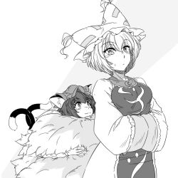 Rule 34 | 2girls, :3, animal ears, breasts, cat ears, cat tail, chen, fox tail, greyscale, hands in opposite sleeves, hat, highres, medium breasts, monochrome, multiple girls, multiple tails, nekomata, slit pupils, sunatoshi, sweatdrop, tail, touhou, translation request, yakumo ran