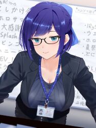 Rule 34 | 1girl, a-chan (2nd costume) (hololive), a-chan (hololive), absurdres, alternate breast size, blazer, blue eyes, blue hair, bow, breasts, cleavage, cohi27151463, commentary request, glasses, hair bow, highres, hololive, id card, jacket, lanyard, large breasts, leaning forward, looking at viewer, office lady, purple hair, short hair, smile, solo, translation request, upper body, virtual youtuber, whiteboard