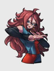 Rule 34 | 1girl, android 21, black nails, black sleeves, blue eyes, checkered clothes, checkered dress, detached sleeves, dragon ball, dragon ball fighterz, dress, earrings, fingernails, grey background, hair between eyes, hoop earrings, jewelry, kemachiku, long hair, looking at viewer, nail polish, open mouth, red hair, simple background, solo, teeth, upper teeth only