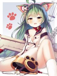 Rule 34 | 1girl, absurdres, ahoge, akashi (azur lane), animal ears, azur lane, bell, cat ears, choker, commentary request, fang, flat chest, green hair, highres, long hair, looking at viewer, machinery, md5 mismatch, neck bell, open mouth, paw print, resolution mismatch, ribbon choker, satou (3366 s), screwdriver, simple background, sitting, sleeves past wrists, solo, source smaller, wrench, yellow eyes