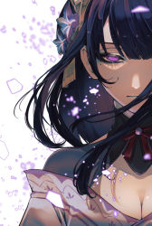 Rule 34 | 1girl, absurdres, breasts, cleavage, closed mouth, commentary, english commentary, flower, genshin impact, hair ornament, highres, japanese clothes, kokollet, large breasts, long hair, looking at viewer, mole, mole under eye, purple eyes, purple flower, purple hair, raiden shogun, ribbon, simple background, solo, tassel, white background