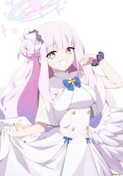 Rule 34 | 1girl, absurdres, angel wings, blue archive, dress, hair bun, halo, highres, mika (blue archive), pink hair, projectorzero, smile, white background, white dress, wings