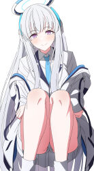 Rule 34 | 1girl, arimon (dfrgty12), bare legs, blazer, blue archive, blush, grey hair, halo, head tilt, highres, jacket, jacket partially removed, looking at viewer, multicolored clothes, multicolored jacket, noa (blue archive), pleated skirt, purple eyes, simple background, skirt, smile, solo, squatting, two-tone jacket, white background, white jacket, white skirt