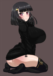 Rule 34 | 1girl, ass, beatmania, beatmania iidx, black hair, black shirt, black sweater, black thighhighs, blush, bottomless, breasts, brown background, closed mouth, curvy, feet, female focus, full body, hair ornament, hairclip, hime cut, hinazuki ririna, huge breasts, komusou (jinrikisha), large breasts, long sleeves, looking at viewer, looking back, no shoes, red eyes, ribbed sweater, seiza, shirt, short hair, simple background, sitting, smile, solo, star (symbol), star print, sweater, thighhighs, turtleneck, turtleneck sweater