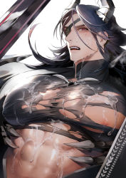 Rule 34 | 1boy, abs, black hair, blush, breasts, bukkake, cum, cum on body, cum on male, cum on breasts, cum on upper body, cumdrip, embarrassed, eyepatch, highres, hontoku, large pectorals, long hair, looking at viewer, male focus, muscular, muscular male, muscular uke, nipples, open mouth, pectorals, pectorals, red eyes, torn shirt, shiny skin, solo, toned, toned male, toned stomach, torn clothes
