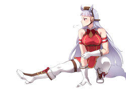 Rule 34 | 1girl, animal ears, armband, breasts, brown headwear, foxyreine, full body, gloves, gold ship (umamusume), highres, horse ears, horse girl, horse tail, large breasts, long hair, looking to the side, pantyhose, red eyes, silver hair, simple background, sleeveless, solo, stretching, tail, thighs, umamusume, very long hair, white background, white footwear, white gloves, white pantyhose
