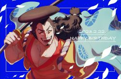 1boy ^_^ black_hair blue_background closed_eyes commentary_request dated happy_birthday highres holding holding_sword holding_weapon japanese_clothes kimono kouzuki_oden larugo0513 male_focus one_piece open_mouth orange_kimono ponytail sideburns simple_background solo sword weapon white_petals