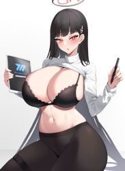 Rule 34 | 1girl, black bra, black hair, blue archive, bra, breasts, clothes lift, commentary, gradient background, grey background, hair ornament, hairclip, halo, hands up, highres, holding, holding tablet pc, huge breasts, kuavera, long hair, long sleeves, navel, pantyhose, parted lips, red eyes, ribbed sweater, rio (blue archive), skindentation, solo, stylus, sweater, sweater lift, tablet pc, thigh strap, turtleneck, turtleneck sweater, underwear, very long hair, white background, white sweater