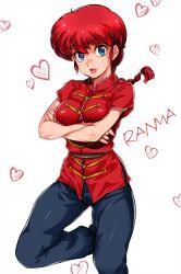 Rule 34 | 1girl, blue eyes, braid, breasts, character name, chinese clothes, covered erect nipples, crossed arms, eyebrows hidden by hair, feet out of frame, female focus, genderswap, genderswap (mtf), heart, highres, leg up, legs, looking at viewer, medium breasts, open mouth, ranma-chan, ranma 1/2, red hair, sakuradou, saotome ranma, simple background, single braid, smile, solo, standing, tangzhuang, thighs, white background