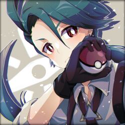 Rule 34 | 1girl, collared shirt, creatures (company), earrings, game freak, gloves, green hair, hair between eyes, highres, holding, holding poke ball, jewelry, long hair, looking at viewer, necktie, nintendo, poke ball, poke ball (basic), pokemon, pokemon sv, red eyes, rika (pokemon), shirt, solo, stray0641071225, suspenders, upper body, white shirt