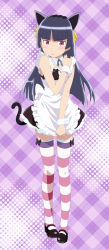 Rule 34 | 1girl, animal ears, apron, black hair, blush, cat ears, cat tail, crossed arms, dress, gokou ruri, highres, long hair, looking at viewer, mary janes, mole, mole under eye, open mouth, ore no imouto ga konna ni kawaii wake ga nai, red eyes, shoes, smile (rz), solo, striped clothes, striped thighhighs, tail, thighhighs, wrist cuffs