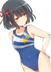 Rule 34 | 1girl, bare arms, bare shoulders, black hair, blue one-piece swimsuit, breasts, brown eyes, collarbone, copyright request, dutch angle, hair between eyes, hair ribbon, looking away, looking to the side, medium breasts, nagami yuu, one-piece swimsuit, red ribbon, ribbon, short hair, simple background, solo, swimsuit, white background