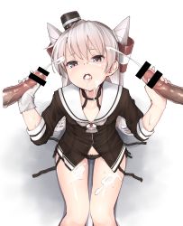 Rule 34 | 1girl, 2boys, absurdres, after fellatio, amatsukaze (kancolle), bar censor, black panties, blush, bow, bow panties, breasts, brown dress, brown eyes, bukkake, censored, choker, collarbone, commentary request, cum, cum in mouth, cum on body, cum on lower body, cum on upper body, cumdrip, disembodied penis, double handjob, dress, ejaculation, erection, facial, garter straps, gloved handjob, gloves, group sex, hair between eyes, hair tubes, handjob, hat, hetero, highres, holding, kantai collection, long hair, long sleeves, looking at viewer, mini hat, mmf threesome, multiple boys, multiple penises, neckerchief, open mouth, oral, panties, penis, penis grab, sailor dress, saliva, school uniform, serafuku, short dress, side-tie panties, silver hair, simple background, single glove, sitting, solo focus, threesome, tongue, tongue out, two side up, underwear, veins, veiny penis, wet, white background, white gloves, zetsuriinu (kairyougata)