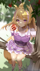 Rule 34 | 1girl, absurdres, animal ear fluff, animal ears, apple, blonde hair, blurry, blurry background, bow, breasts, buttons, closed mouth, commission, dress, erica tamamo, falling leaves, food, fruit, highres, holding, holding food, holding fruit, horse ears, horse girl, indie virtual youtuber, k (art71), leaf, long hair, loose socks, pinafore dress, purple bow, purple dress, purple eyes, purple footwear, purple hair, shirt, sitting on branch, skeb commission, sleeveless, sleeveless dress, smile, socks, solo, sparkle, virtual youtuber, white shirt