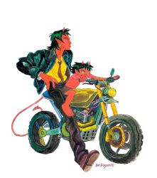 Rule 34 | 2boys, arm up, artist name, barefoot, black hair, black jacket, black necktie, brothers, child, colored sclera, colored skin, demon boy, demon tail, earrings, highres, inefragueiro, jacket, jewelry, medium hair, motor vehicle, motorcycle, multiple boys, necktie, original, painting (medium), pointy ears, red skin, riding, shirt, short hair, shorts, siblings, tail, topless male, traditional media, watercolor (medium), white background, yellow sclera, yellow shirt