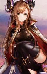 Rule 34 | 10s, 1girl, black thighhighs, blush, breasts, brown hair, cape, efuri (riarea00), gloves, granblue fantasy, head wings, highres, large breasts, long hair, looking at viewer, midriff, shorts, sidelocks, smile, solo, swept bangs, thighhighs, thighs, tweyen (granblue fantasy), white gloves, wings