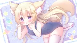 1girl animal_ear_fluff animal_ears bare_shoulders blonde_hair blue_one-piece_swimsuit blush collarbone commentary_request double_fox_shadow_puppet food fox_ears fox_girl fox_shadow_puppet fox_tail hanasakichu hands_up highres ice_cream ice_cream_cone long_hair looking_at_viewer new_school_swimsuit one-piece_swimsuit open_mouth original purple_eyes school_swimsuit shoes solo swimsuit tail thighhighs very_long_hair white_thighhighs