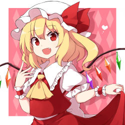 Rule 34 | 1girl, back bow, blonde hair, bow, crystal, fang, flandre scarlet, frills, hand up, hat, hat ribbon, heart, highres, long hair, looking at viewer, mob cap, open mouth, patterned background, pink background, puffy short sleeves, puffy sleeves, red eyes, red ribbon, red skirt, red vest, ribbon, rizento, shirt, short sleeves, side ponytail, skirt, skirt hold, smile, solo, touhou, upper body, vest, white bow, white hat, white shirt, wings, wrist cuffs, yellow neckwear