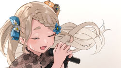 Rule 34 | 1girl, alternate costume, animal, animal on head, closed eyes, commentary request, gonzalez (machita chima), hair ornament, hair ribbon, highres, machita chima, machita chima (2nd costume), microphone, music, nijisanji, on head, open mouth, portrait, ribbon, simple background, singing, solo, thick eyebrows, virtual youtuber, white background, yuama (drop)