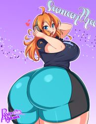 Rule 34 | 1girl, agawa ryou, artist name, ass, blue eyes, borrowed character, breasts, character name, headphones, hip focus, huge ass, huge breasts, long hair, orange hair, original, solo, thick thighs, thighs, wide hips