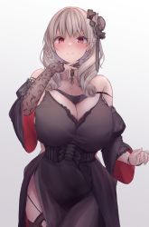 Rule 34 | 1girl, absurdres, azur lane, bare shoulders, black dress, blush, braid, breasts, bun cover, cleavage, closed mouth, detached collar, detached sleeves, dress, elbow gloves, evening gown, gloves, grey hair, hair over shoulder, highres, huge breasts, luetzow (azur lane), luetzow (everlasting blood banquet) (azur lane), red eyes, side slit, solo, thighhighs, white background, yuuki shuri