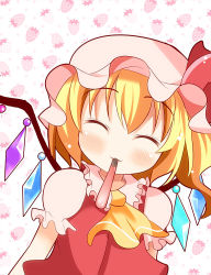 Rule 34 | 1girl, ^ ^, blonde hair, blouse, closed eyes, embodiment of scarlet devil, female focus, flandre scarlet, food, hair between eyes, hat, mob cap, mouth hold, pocky, ponytail, shirt, short hair, side ponytail, solo, takamoto akisa, touhou, white background, white hat, white shirt, wings