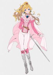 Rule 34 | 1girl, alternate costume, arm behind back, armor, belt, blue eyes, blush, breasts, cape, crown hair ornament, earrings, frilled shirt collar, frills, full body, gem, gloves, grey background, hair between eyes, hair ornament, high collar, highres, holding, holding cape, holding clothes, holding sword, holding weapon, jewelry, juliet sleeves, knight, long hair, long sleeves, looking at viewer, mario (series), medium breasts, armored boots, nachoz (nachozart), nintendo, pants, pink cape, pink shirt, ponytail, princess peach, puffy sleeves, shirt, smile, solo, sword, thigh gap, weapon, weapon behind back, white gloves, white pants