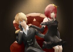 Rule 34 | 1boy, 1girl, arima kana, black background, black dress, black gloves, black vest, blonde hair, blue eyes, bob cut, closed mouth, couch, crown, dress, gloves, highres, hoshino aquamarine, inverted bob, looking at viewer, mtkroro, on couch, oshi no ko, red eyes, red hair, short hair, simple background, sitting, vest