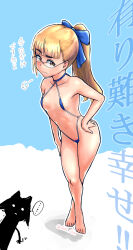 Rule 34 | 2girls, areola slip, blonde hair, blue slingshot swimsuit, blush, breasts, closed mouth, glasses, hair ribbon, hand on own hip, highres, long hair, looking at viewer, miyafuji yoshika, multiple girls, navel, perrine h. clostermann, ponytail, ribbon, shiri chin, slingshot swimsuit, small breasts, strike witches, swimsuit, world witches series, yellow eyes