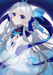 Rule 34 | 1girl, arknights, arm at side, blue bow, blue eyes, bow, brooch, cowboy shot, detached collar, dot nose, dress, eyeshadow, full moon, hair between eyes, hair bow, hand on own chest, highres, jewelry, long hair, looking at viewer, makeup, moon, mulberry (arknights), mulberry (reflection that of the moons) (arknights), murasaki satori, red eyeshadow, see-through, see-through sleeves, sidelocks, solo, straight hair, white dress, white hair