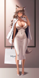 Rule 34 | 1girl, absurdres, animal ear fluff, animal ears, bag, breasts, brown hair, character request, chromatic aberration, cleavage, closed mouth, collarbone, commission, covered navel, dark-skinned female, dark skin, dress, dungeon and fighter, ear piercing, full body, hand in own hair, hand up, high heels, highres, holding, holding bag, iamahri1994, jacket, jacket on shoulders, jewelry, large breasts, long hair, necklace, piercing, pink eyes, side slit, solo, tight clothes, tight dress, v-shaped eyebrows, white dress, white footwear, white jacket
