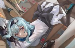 Rule 34 | absurdres, apron, ass, black apron, black footwear, black hairband, black pantyhose, blue hair, blush, box, breasts, butterfly hair ornament, cardboard box, eula (genshin impact), eula (pizza hut) (genshin impact), female focus, food, genshin impact, gloves, hair between eyes, hair ornament, hairband, high heels, highres, indoors, large breasts, long sleeves, looking at viewer, medium breasts, medium hair, mole, mole under eye, multicolored eyes, multiple girls, necktie, no shoes, on ground, open mouth, pantyhose, patent heels, pizza, pizza hut, pizza slice, pumps, purple eyes, shoes, single shoe, stiletto heels, striped apron, striped clothes, toe seam, tripping, uniform, yellow eyes, yukiale