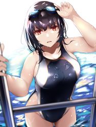 Rule 34 | 1girl, black hair, black one-piece swimsuit, breasts, climbing, collarbone, competition swimsuit, endou (zettai bluenoid), fingerless gloves, gloves, goggles, goggles on head, highres, indoors, kantai collection, large breasts, one-piece swimsuit, pool, pool ladder, poolside, red eyes, short hair, swimsuit, takao (kancolle), water, wet, wet clothes, wet swimsuit, white one-piece swimsuit