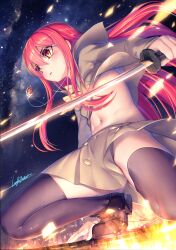 Rule 34 | 1girl, black thighhighs, brown footwear, highres, holding, holding sword, holding weapon, katana, loafers, long hair, looking at viewer, luft7star, navel, red eyes, red hair, shakugan no shana, shana, shirt, shoes, short sleeves, skirt, solo, sword, thighhighs, very long hair, weapon