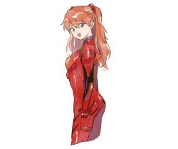 Rule 34 | 1girl, ass, blue eyes, bodysuit, breasts, from side, hayashi (kanzume), highres, legs, long hair, looking at viewer, medium breasts, neon genesis evangelion, open mouth, orange hair, plugsuit, sideboob, smile, solo, souryuu asuka langley, thighs, traditional media, twintails