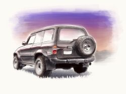 Rule 34 | black car, car, from behind, grass, highres, k.tofu, motor vehicle, no humans, original, shadow, spare tire, sports utility vehicle, sunset, toyota, toyota land cruiser, vehicle focus