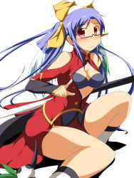 Rule 34 | 1girl, alternate costume, arc system works, bare shoulders, blazblue, blazblue: calamity trigger, blue hair, blush, bra, breasts, chinese clothes, cleavage, cleavage cutout, clothing cutout, cosplay, dizzy (guilty gear), glasses, guilty gear, hair ribbon, highres, lao jiu, large breasts, lingerie, litchi faye ling, litchi faye ling (cosplay), long hair, mirano, red eyes, ribbon, solo, underwear, weapon, wings