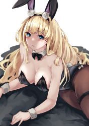 Rule 34 | 1girl, absurdres, alexi oekaki, animal ears, azur lane, bare shoulders, black leotard, blonde hair, blue eyes, bow, bowtie, breasts, cleavage, cuff links, detached collar, fake animal ears, fake tail, highres, large breasts, leotard, long hair, north carolina (azur lane), north carolina (the heart&#039;s desire) (azur lane), official alternate costume, pantyhose, playboy bunny, rabbit ears, rabbit tail, simple background, solo, strapless, strapless leotard, tail, very long hair, white background, wrist cuffs