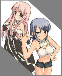 Rule 34 | 2girls, bare shoulders, blue eyes, blue hair, blush, breasts, cleavage, dress, gloves, large breasts, long hair, midriff, multiple girls, pink hair, shimakaze (soundz of bell), short hair, short shorts, shorts, tears